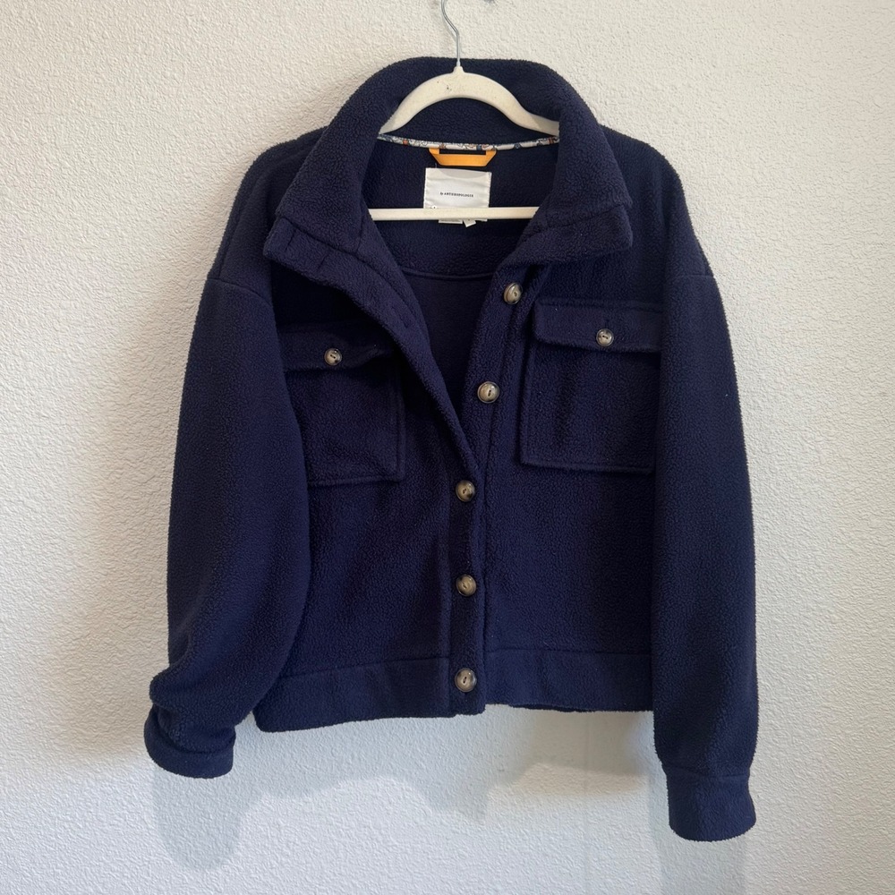 Anthropologie Daily Practice Fleece Bomber Jacket Navy Blue Shacket‎ Boho